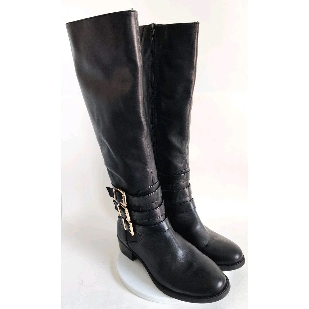 Inc Knee High Riding Boots Size‎ 8.5 Francy Black Wide Calf Leather Gold Buckles